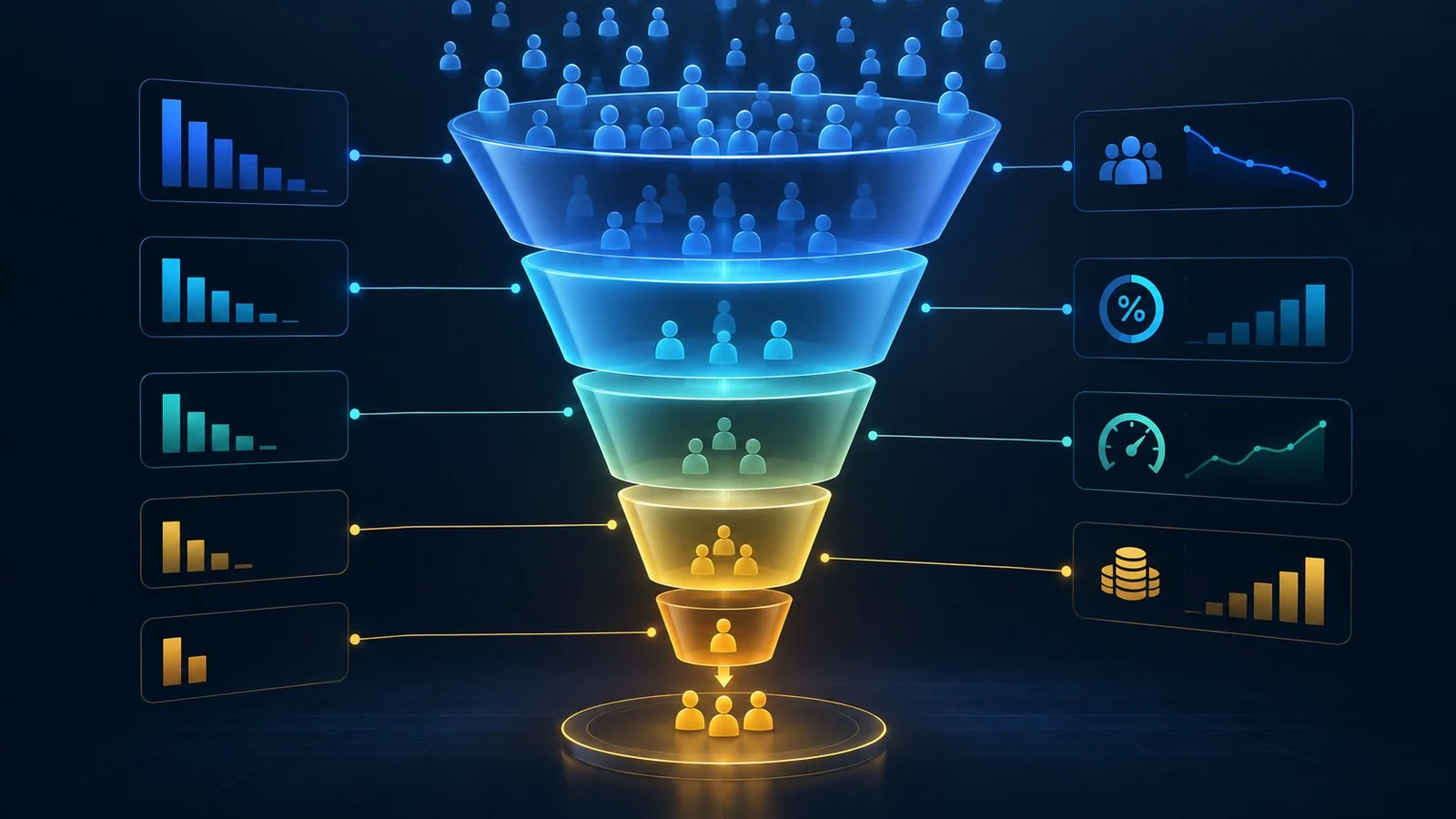 Multi-stage marketing funnel narrowing from a broad audience to a smaller group of customers.