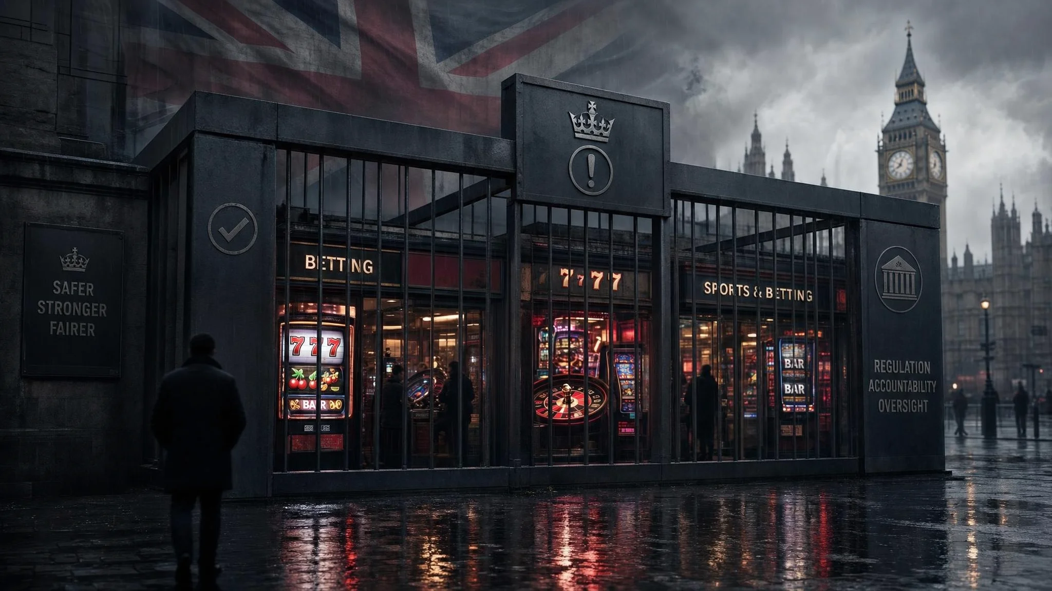 Betting shop surrounded by railings in a British urban setting, with Parliament in the background, symbolizing new restrictions on the gambling sector in the UK.