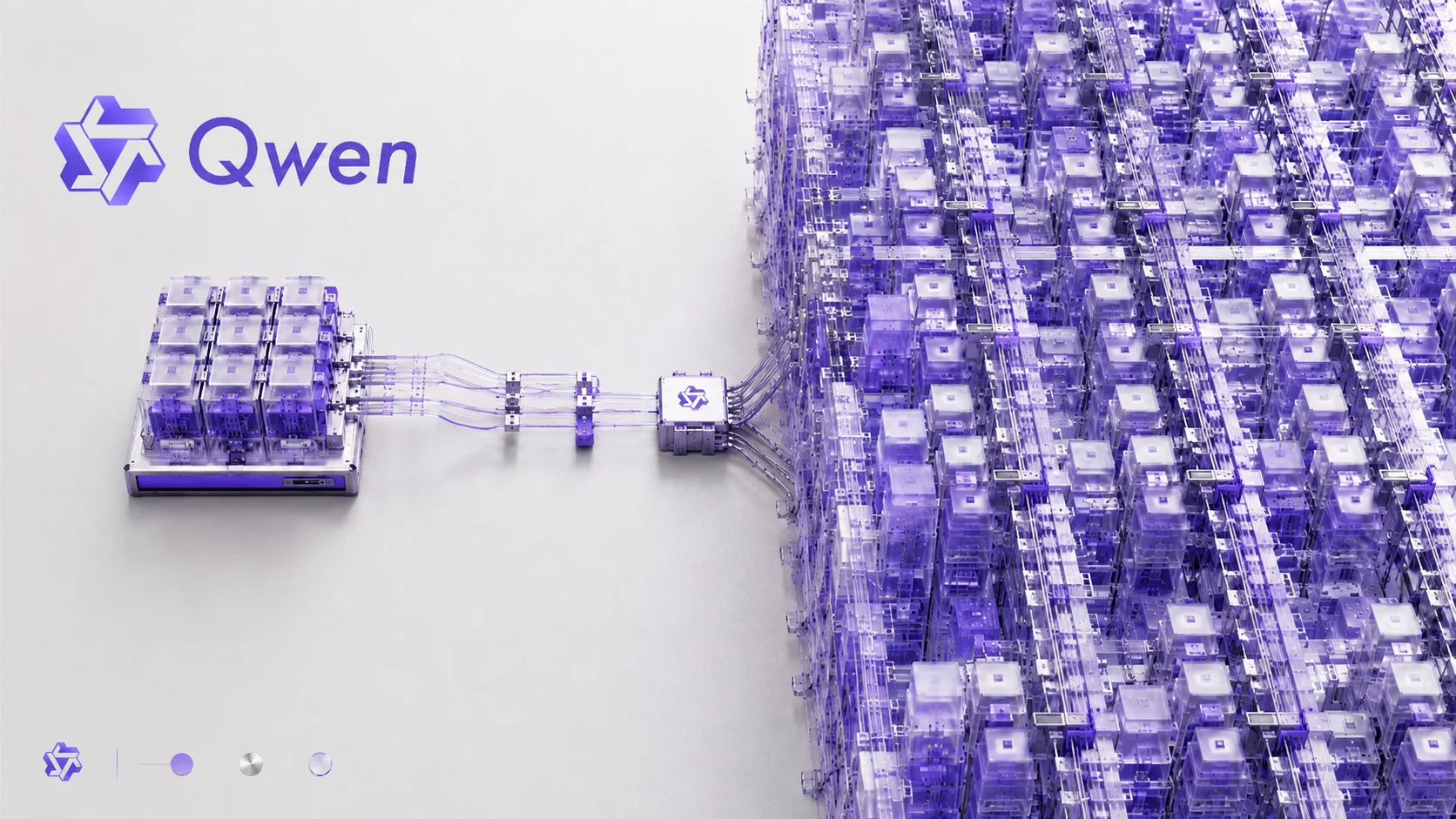Conceptual illustration of the Qwen3.8 family with a compact structure connected to a monumental AI architecture in shades of purple, accompanied by the Qwen visual identity.