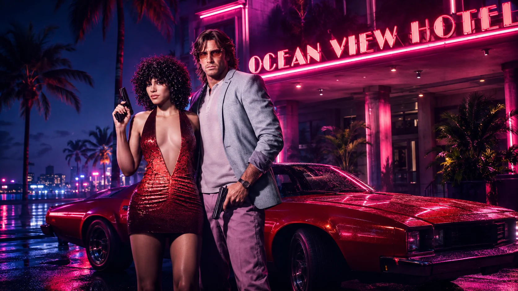Two characters inspired by GTA 6 pose in front of a red car and a neon-lit hotel in a nighttime Vice City scene.