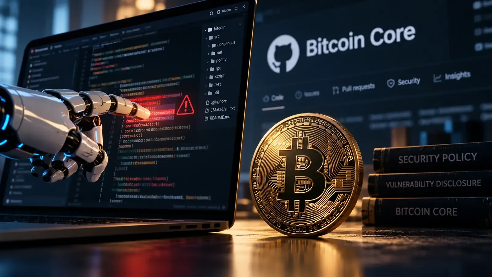Mão robótica aponta falha de segurança em código, ao lado de uma moeda Bitcoin e documentos de segurança.
