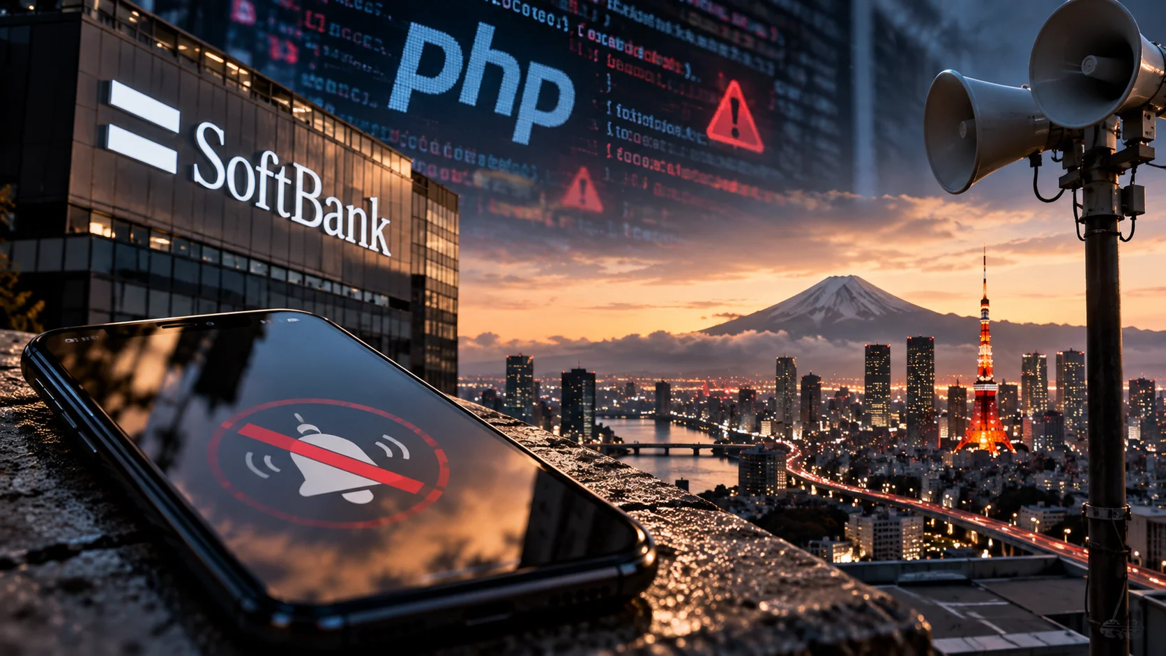 Composição editorial com celular exibindo alerta desativado, edifício da SoftBank e paisagem urbana japonesa.