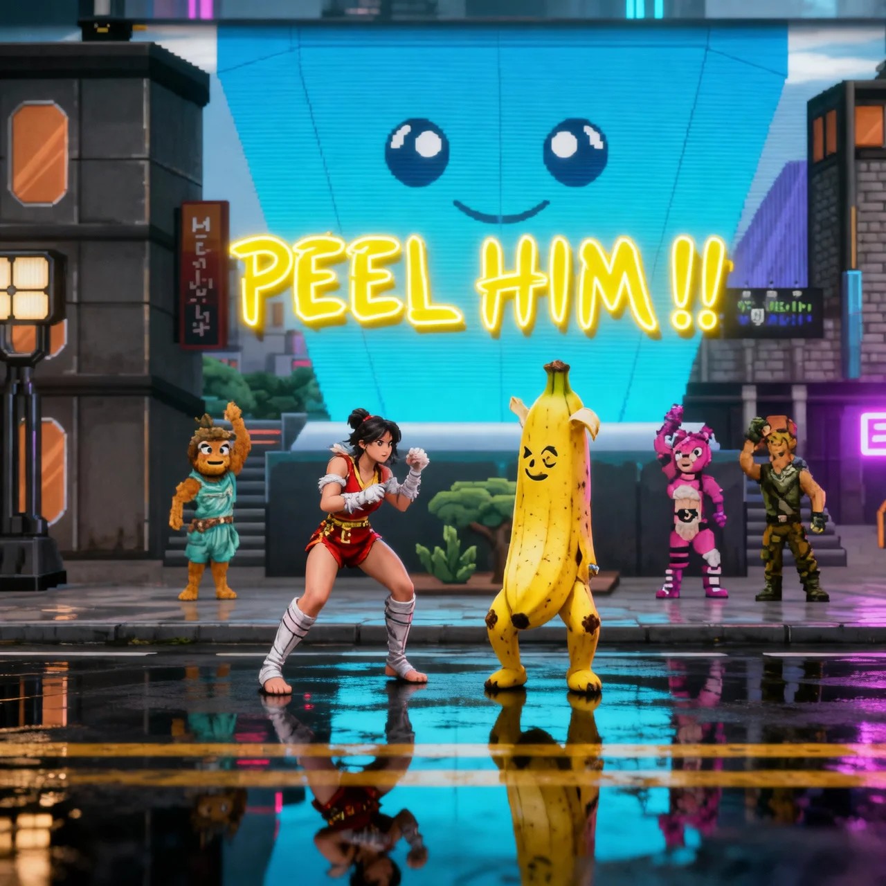 Peely, Fortnite's banana character, appears in front of a female fighter on a futuristic street, surrounded by other characters and a large luminous sign in the background.