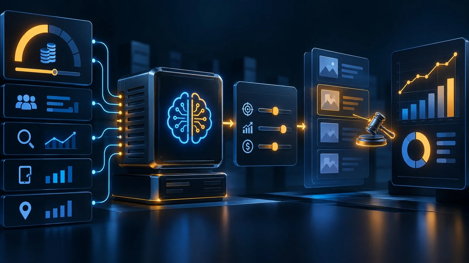 Budget, bidding target and auction signals flowing through automated bidding into campaign performance.