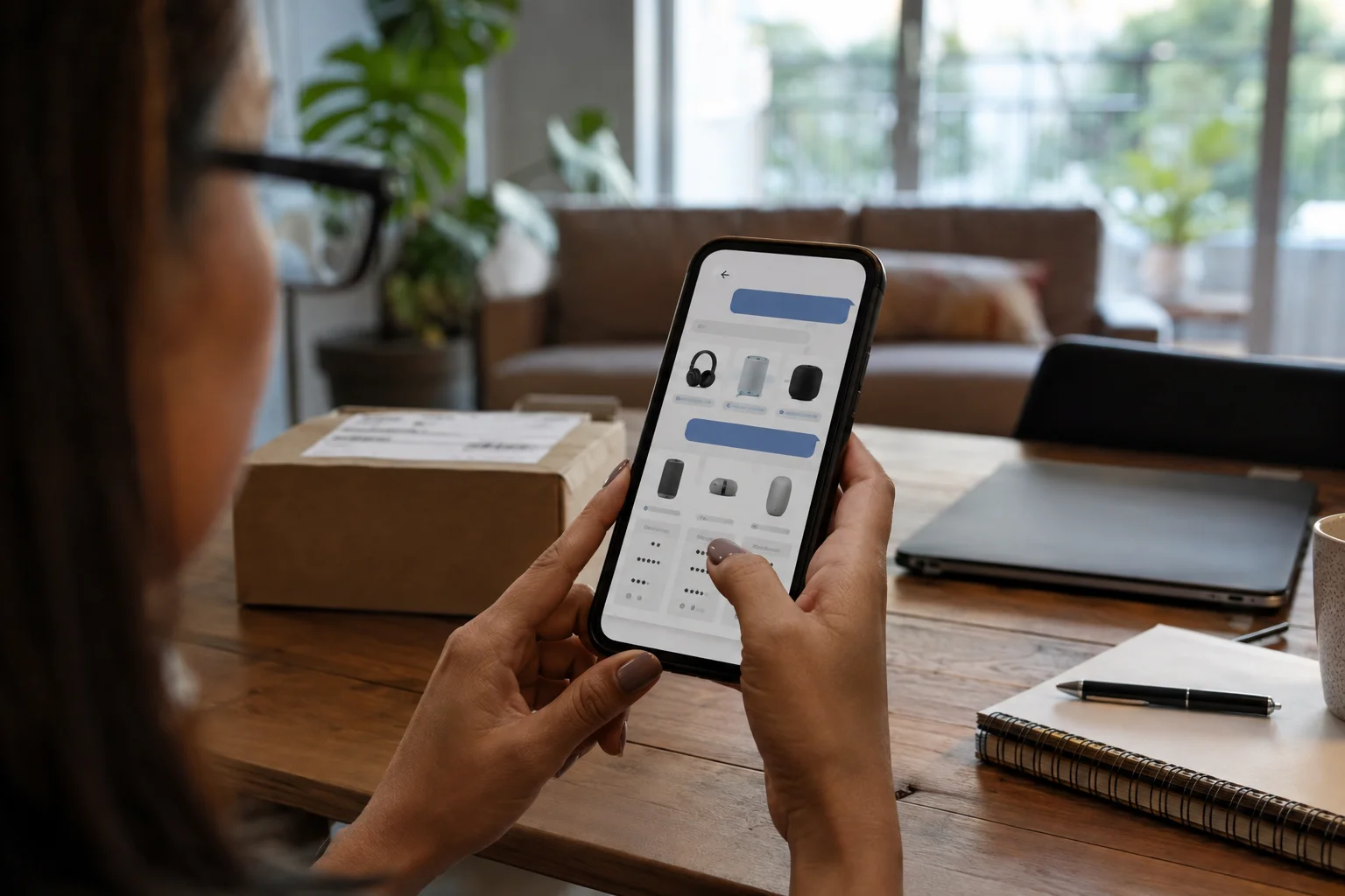 Person uses a smartphone with an AI interface to search and compare products at home, next to a delivery package and a laptop.