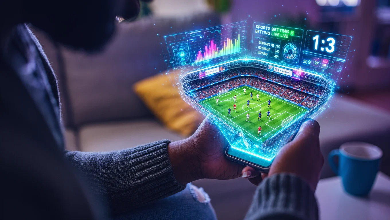 Pessoa segura um smartphone com uma representação digital de estádio de futebol e painéis de apostas esportivas, estatísticas e placar ao vivo.