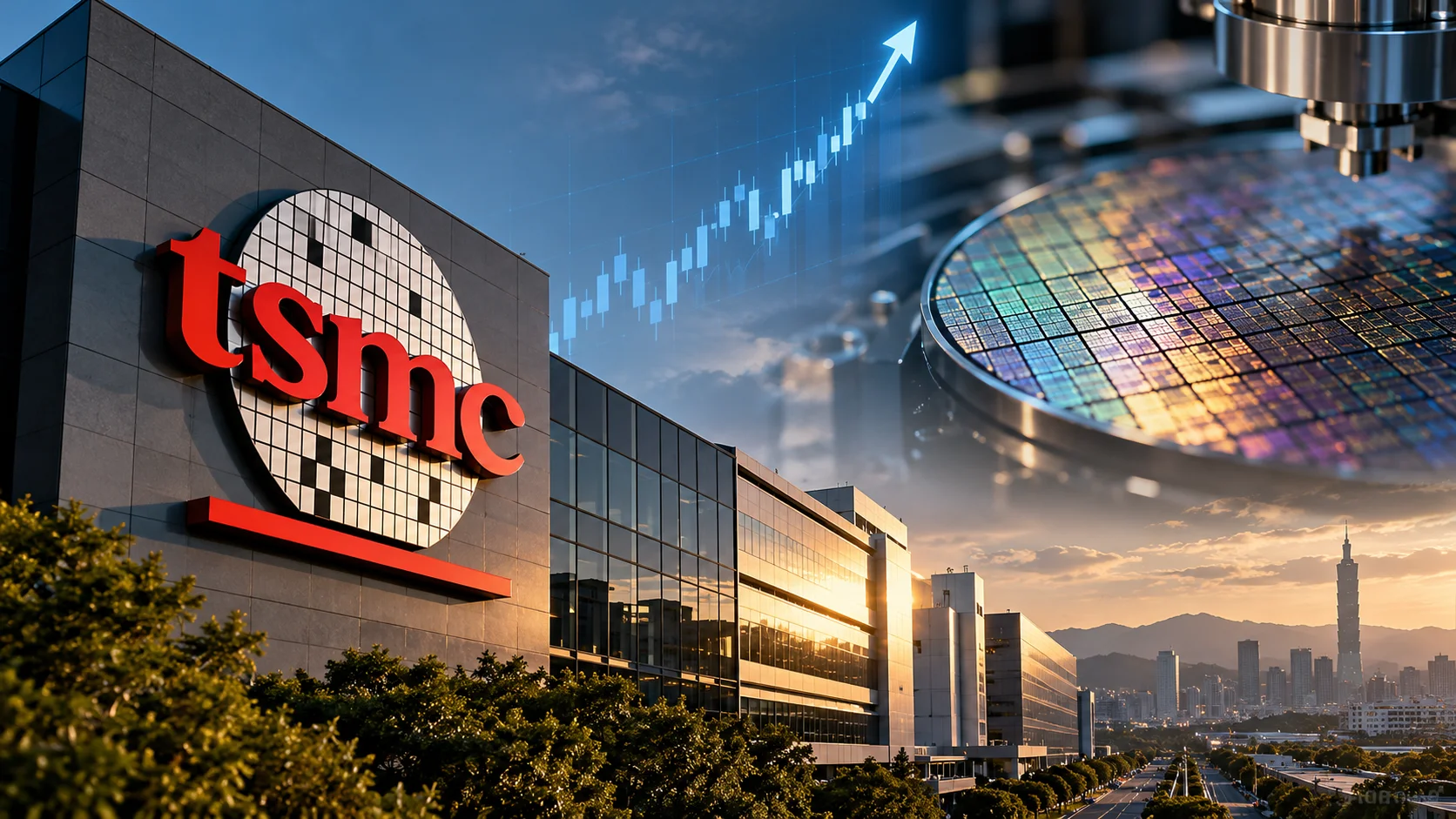 Editorial montage with the TSMC logo, a semiconductor wafer and a financial growth chart.