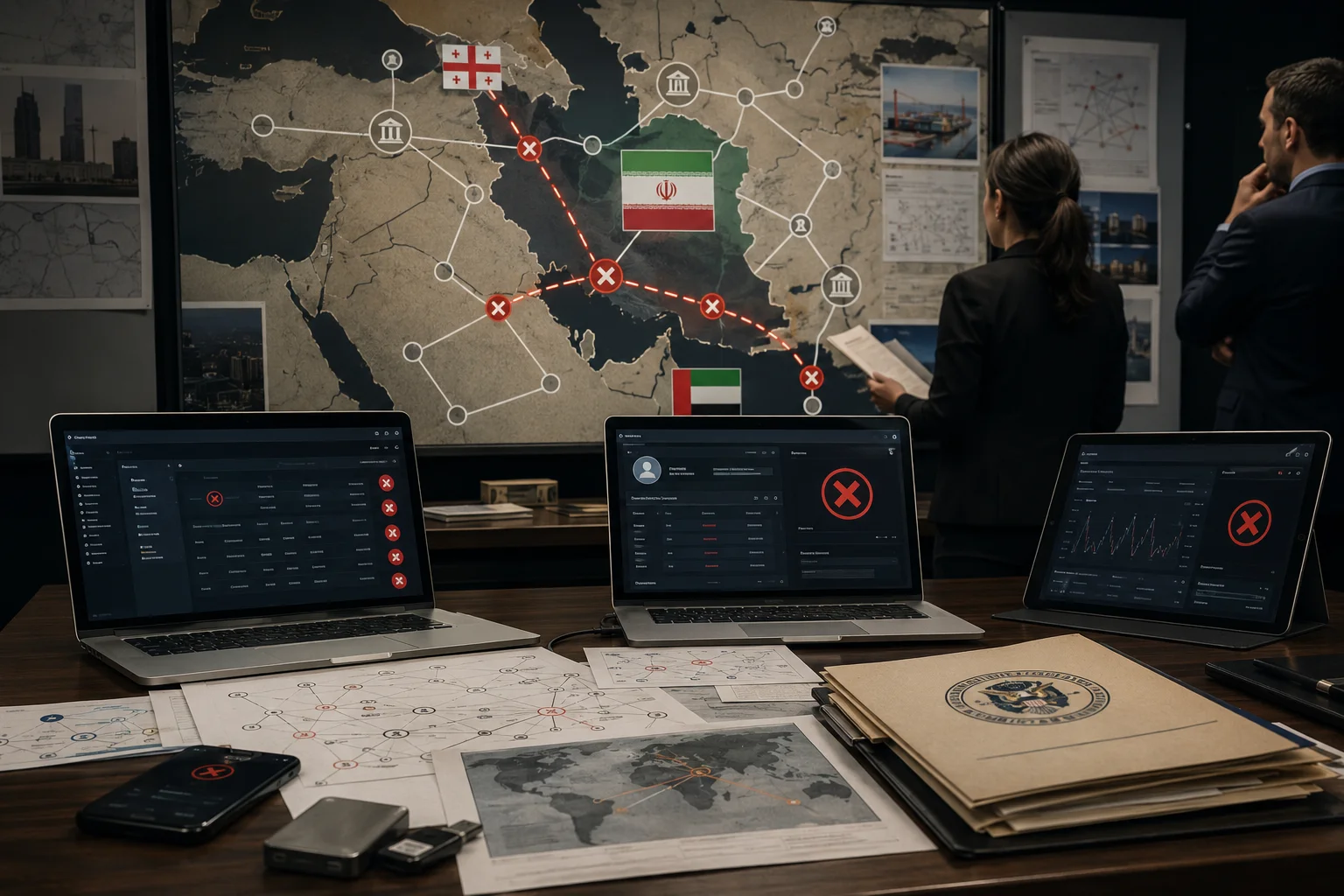Investigators analyze an international network of cryptocurrency transactions between Iran, the United Arab Emirates, and Georgia, with connections blocked by US sanctions.