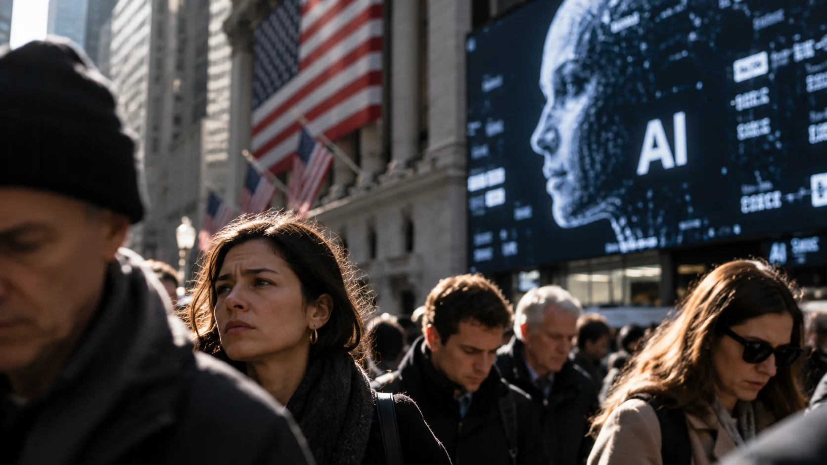 Pedestrians on a street in the United States, with American flags and an artificial intelligence billboard in the background.