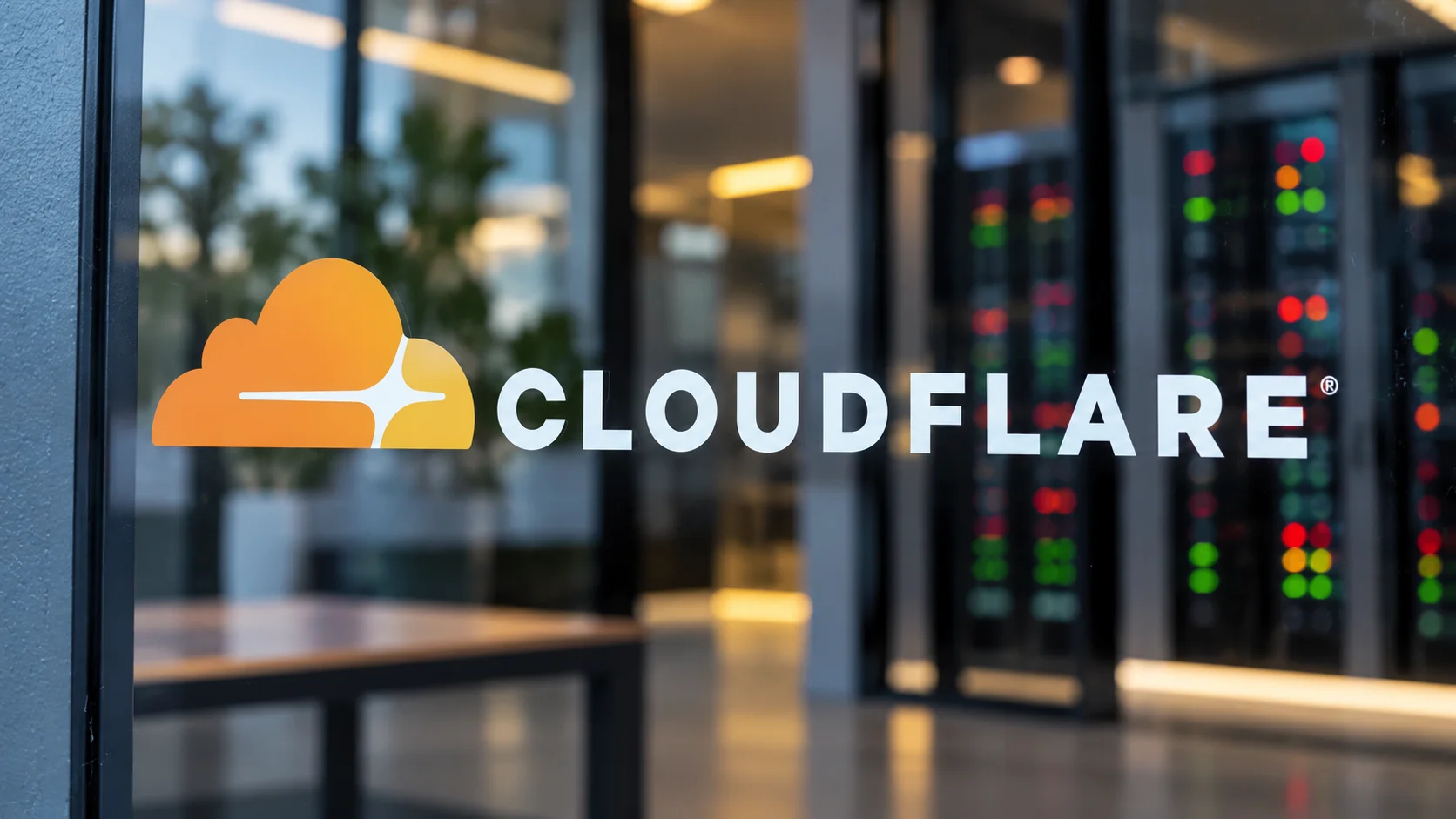 Cloudflare logo in glass, with servers in the background.