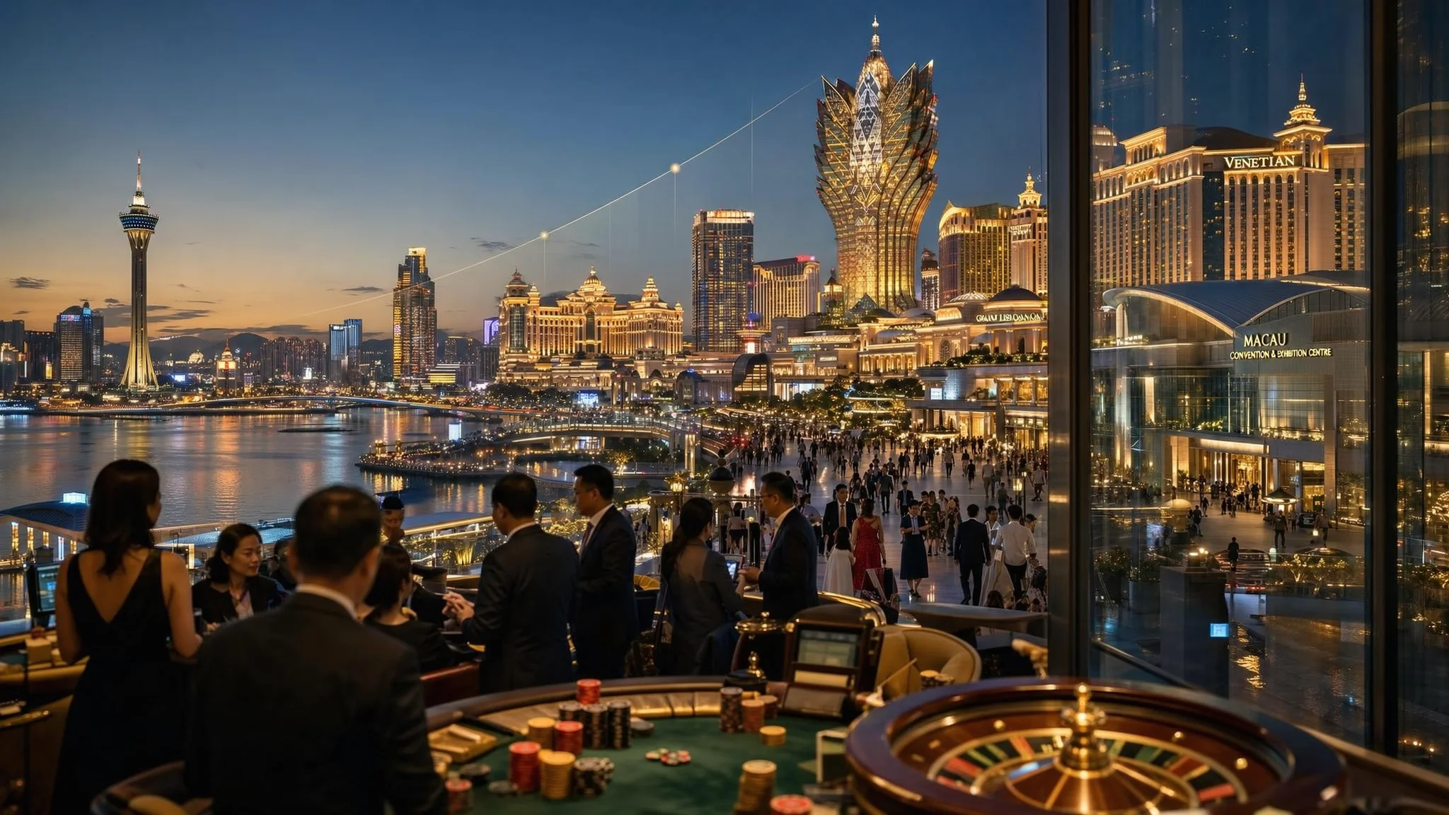 View of Macau at dusk, with casinos, resorts and the illuminated skyline in the background, as visitors circulate through a gaming area with roulette tables.