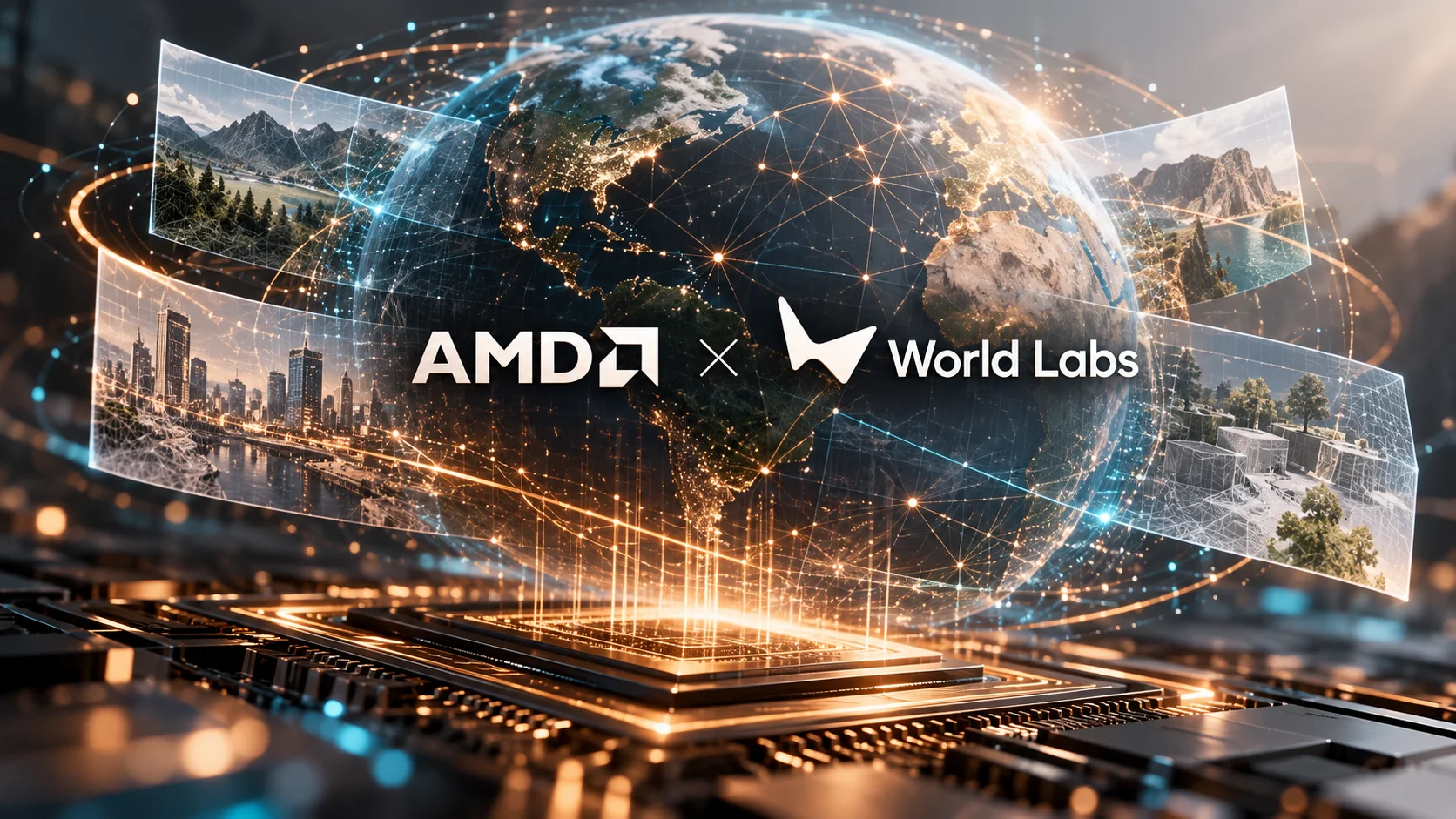 AMD y World Labs en una composición visual sobre IA, computación y mundos 3D.