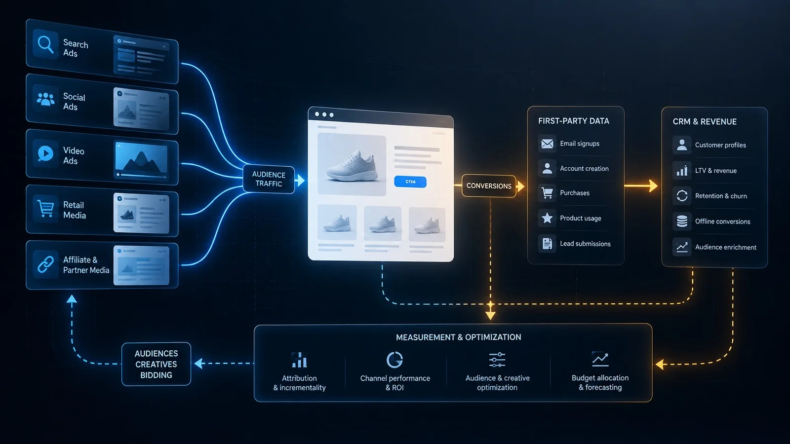 Advertising channels connecting to a landing experience, first-party conversions, CRM revenue and a measurement feedback loop.