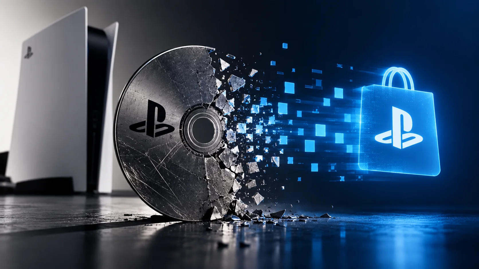 Disco de PlayStation se desfaz em pixels diante de um PS5, simbolizando a transição das mídias físicas para vendas digitais.