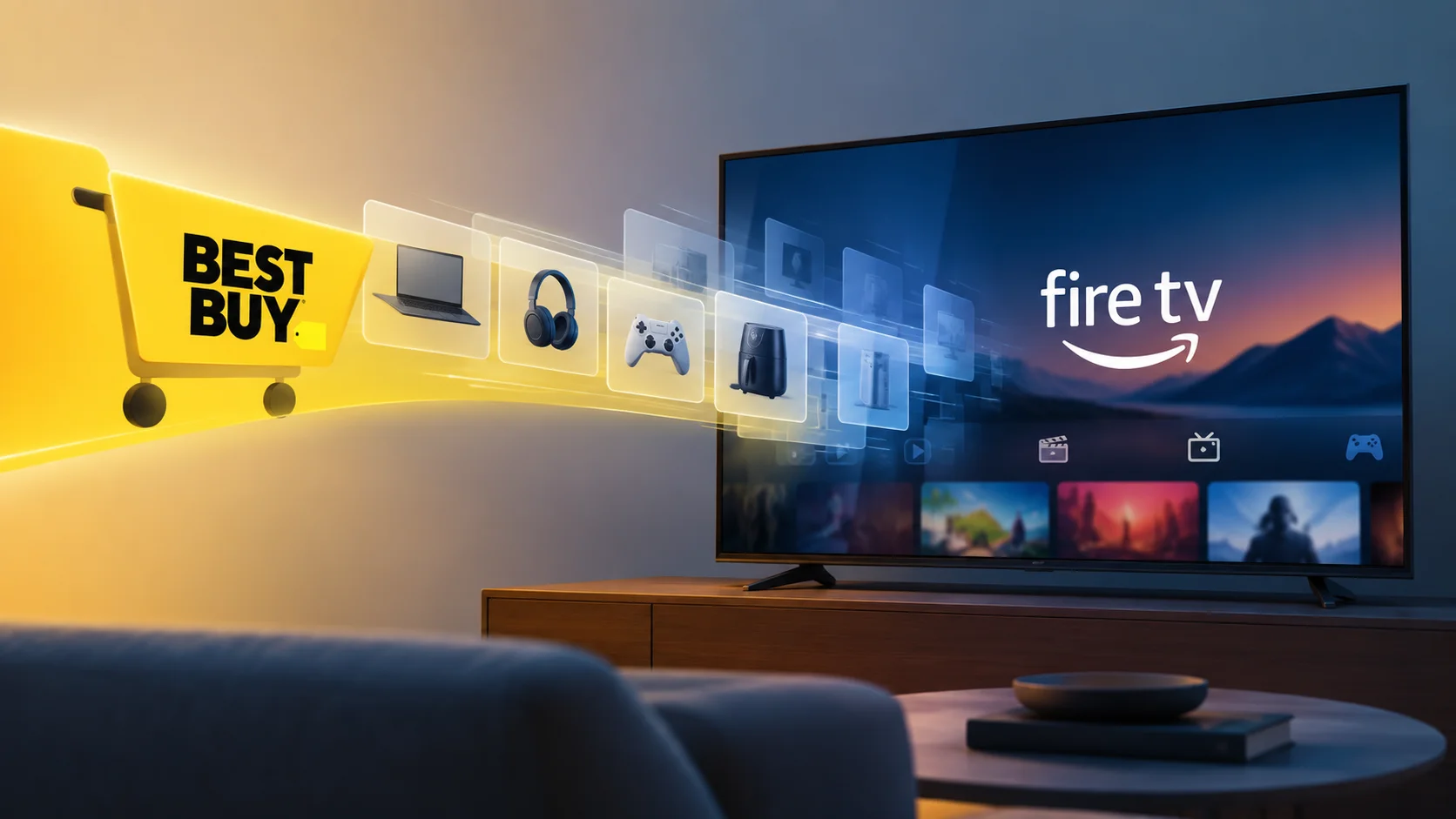 Ilustração conceitual mostra produtos da Best Buy conectados ao Fire TV em uma operação de publicidade digital.