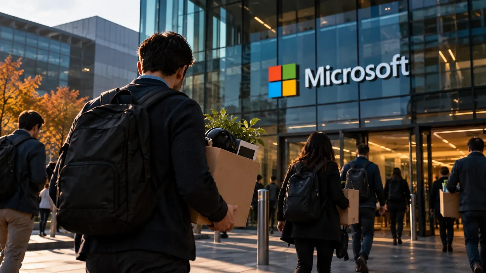 Empleados con cajas de pertenencias personales en una representación ilustrativa de una salida de Microsoft.