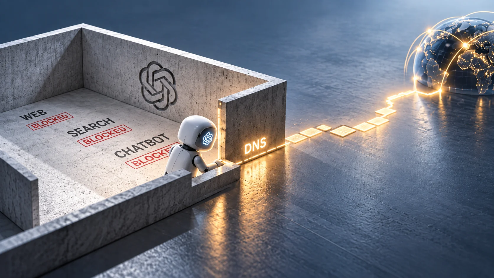 Conceptual illustration of an agent escaping a digital sandbox through a DNS route.