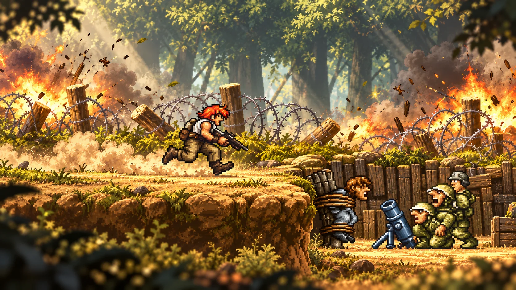 Soldier from Metal Slug Advance crosses a battlefield in pixel art, with explosions and enemy soldiers.