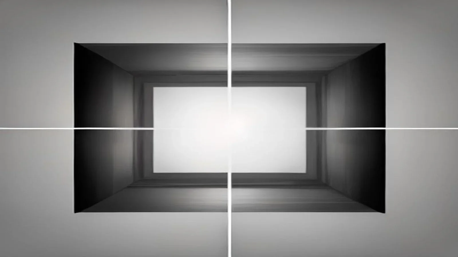 Molduras sobrepostas enquadrando um quadrado central luminoso, como matrizes de galeria