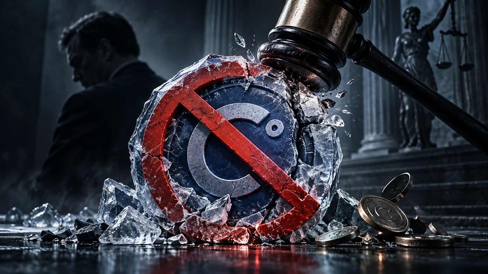 Celsius symbol frozen and fragmented under a court gavel and a red prohibition sign.