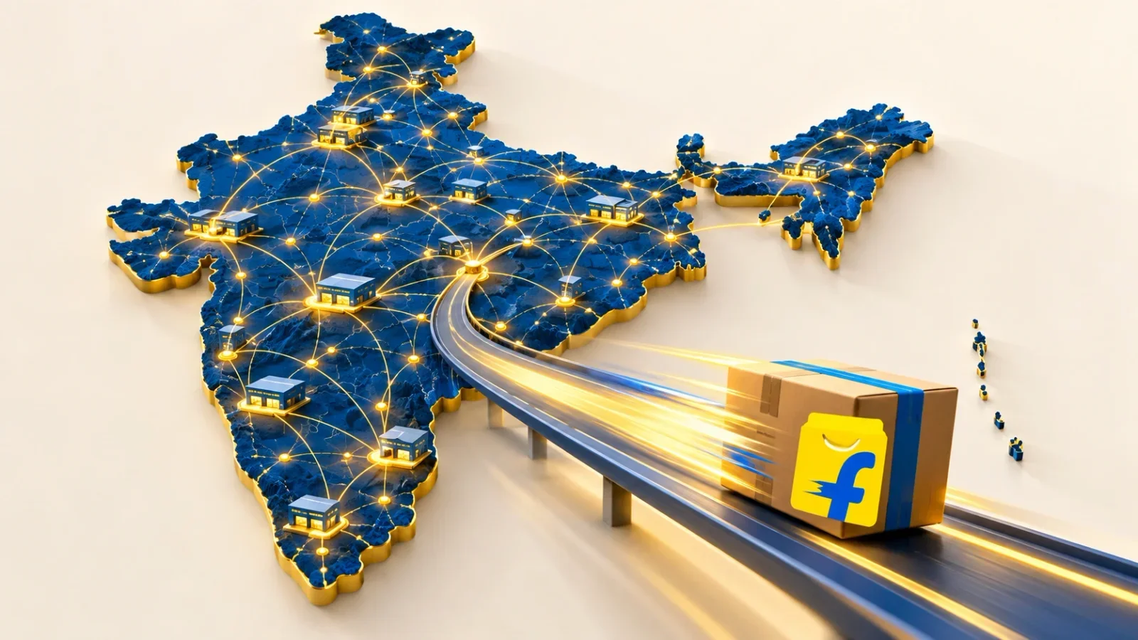 Ilustração do mapa da Índia com centros logísticos conectados e encomenda da Flipkart em alta velocidade.