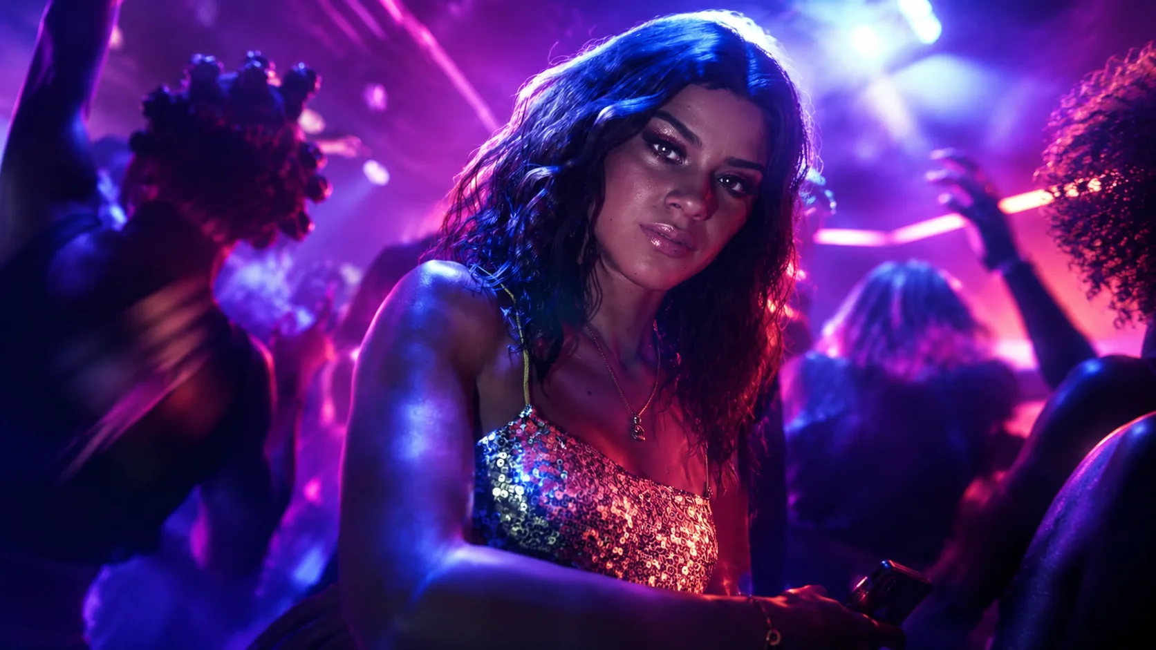 Woman in a nightclub illuminated by purple, blue, and red neon lights, surrounded by people dancing, in a scene inspired by the visual universe of GTA VI.