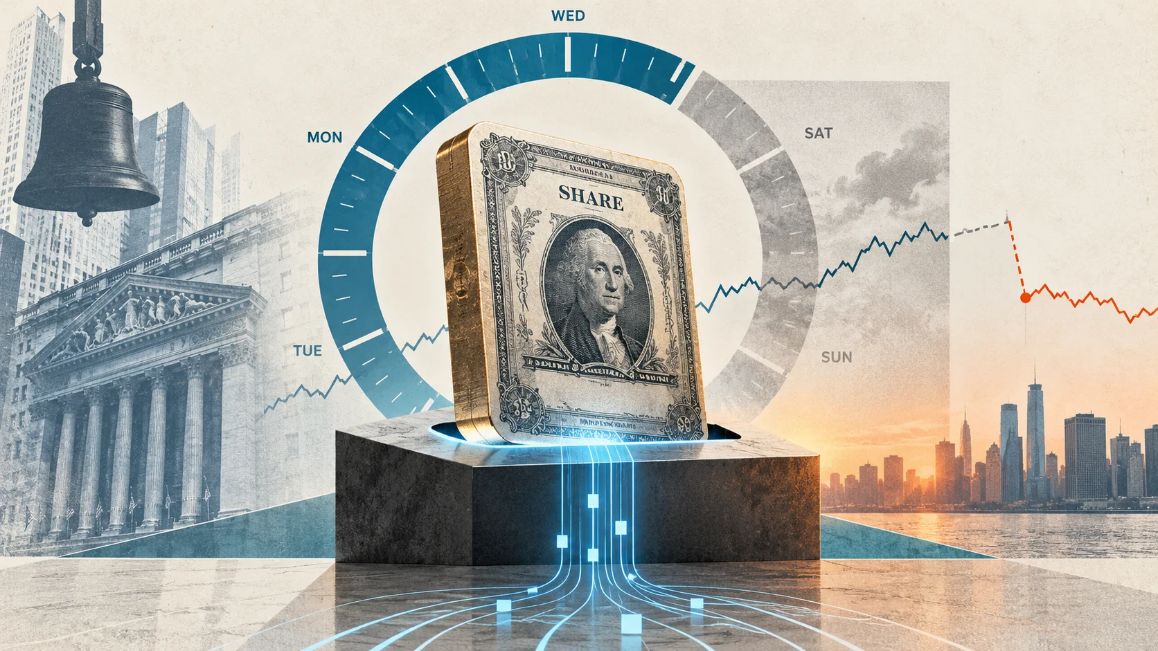 Conceptual illustration shows a tokenized stock as collateral on a credit platform, with reference to the weekly market cycle and a weekend price gap.