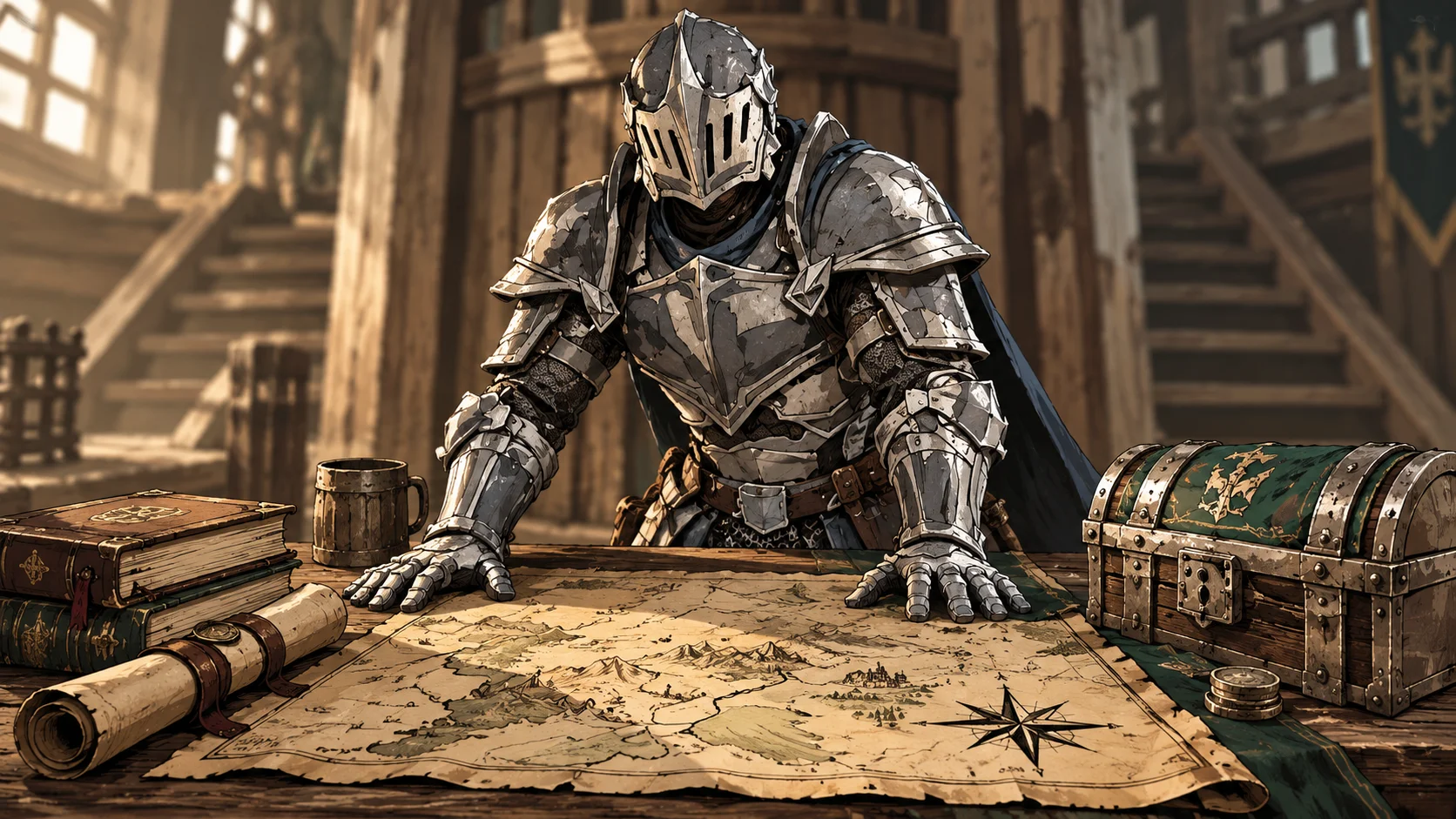 Medieval knight over a map in a scene inspired by RuneScape.
