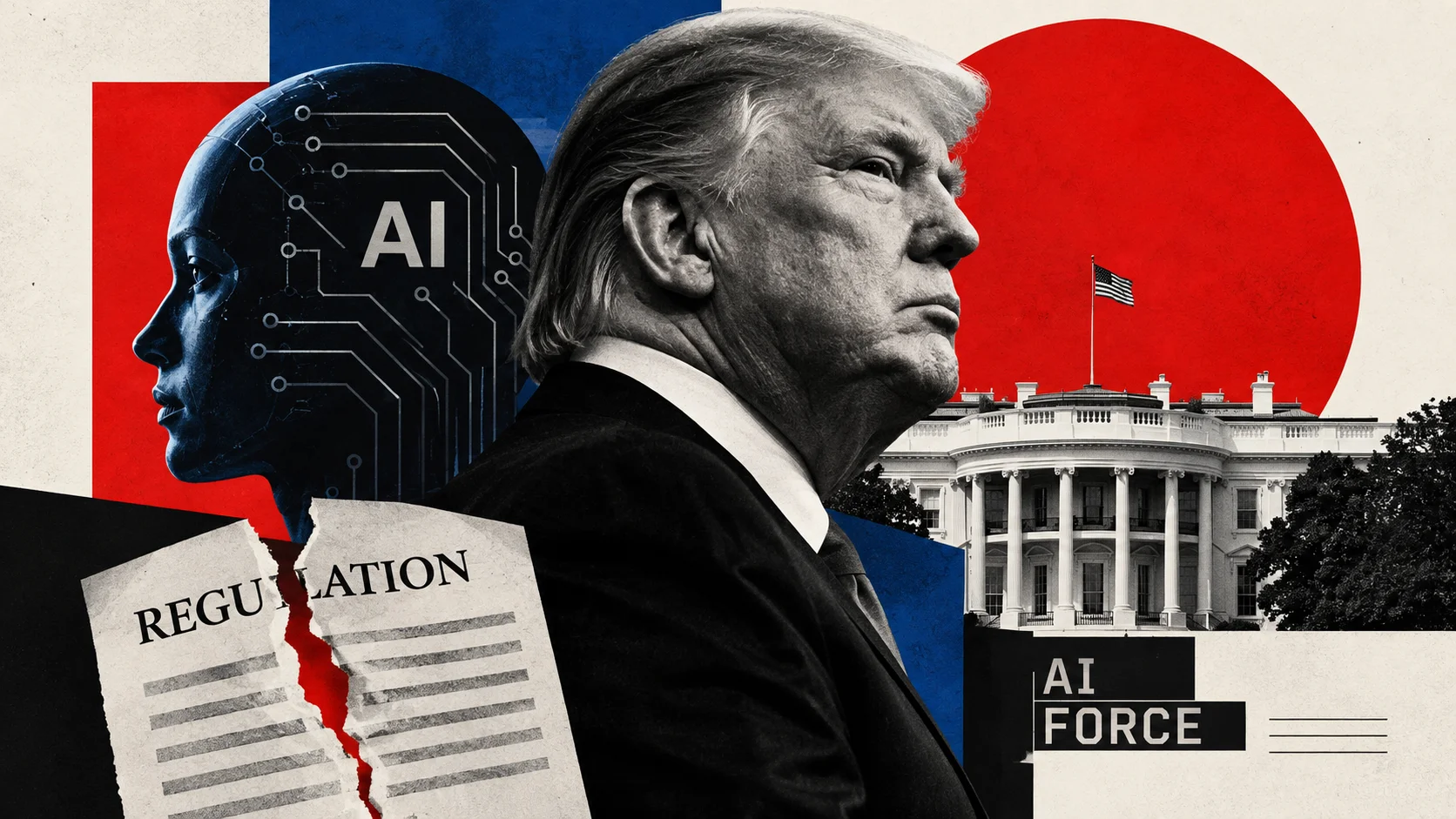 Collage editorial con Trump, inteligencia artificial, la Casa Blanca y un documento de regulación rasgado.