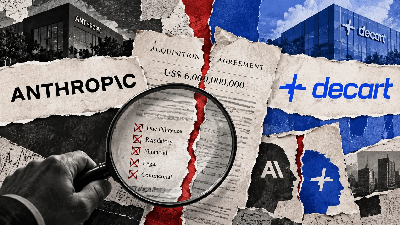 Journalistic collage shows Anthropic and Decart separated by a torn US$ 6 billion contract under a magnifying glass.
