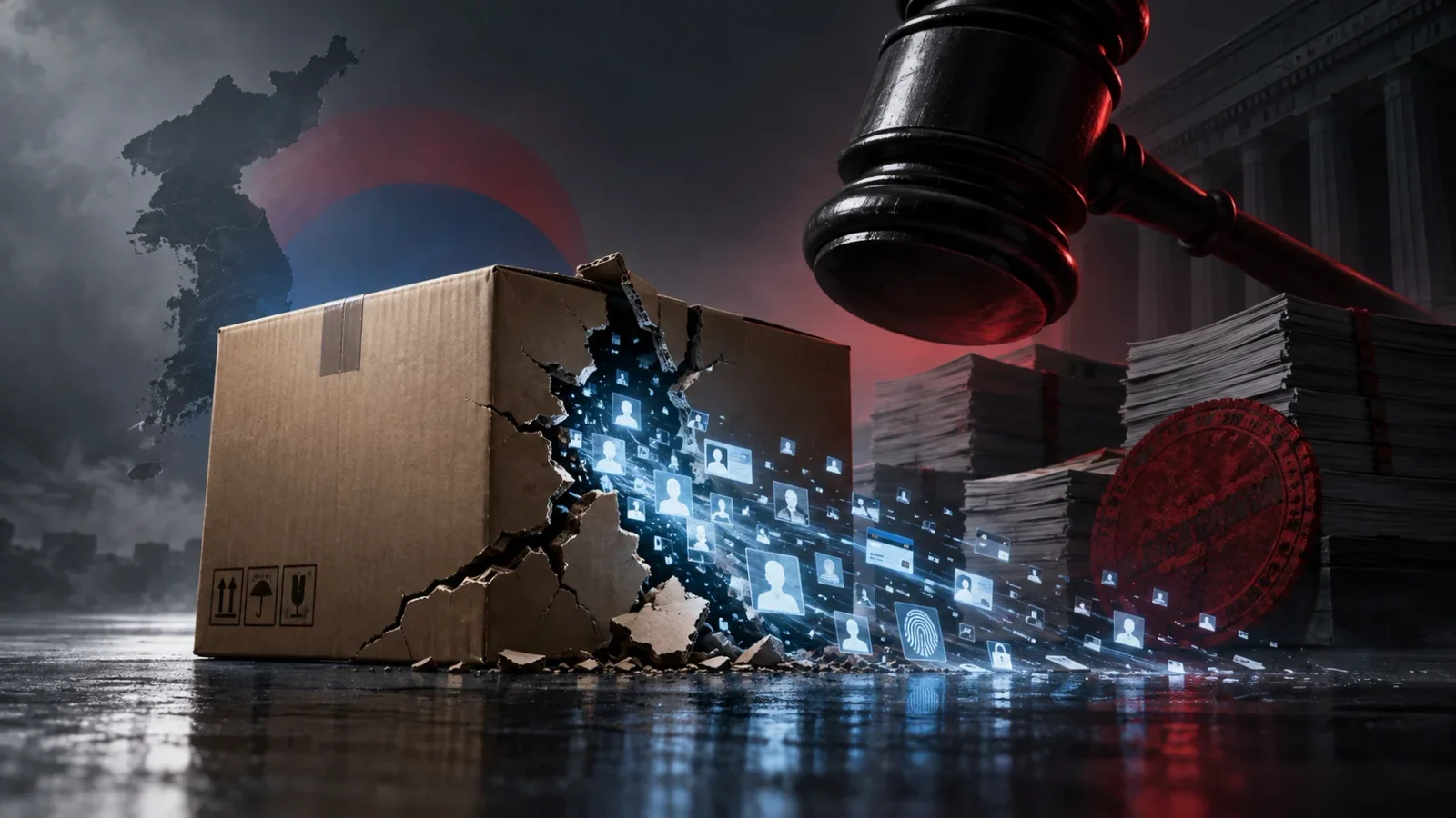 Damaged delivery box releases digital data under a judicial gavel, symbolizing the Coupang case.
