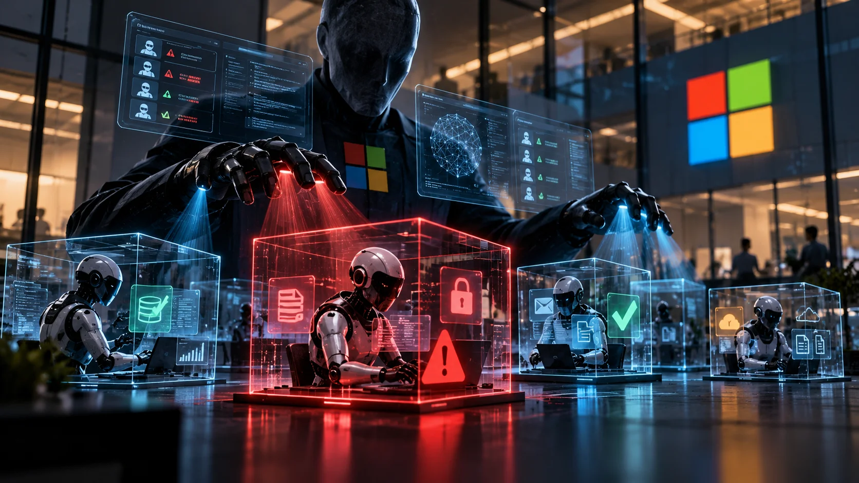 Conceptual illustration of AI agents monitored by a central Microsoft security system.