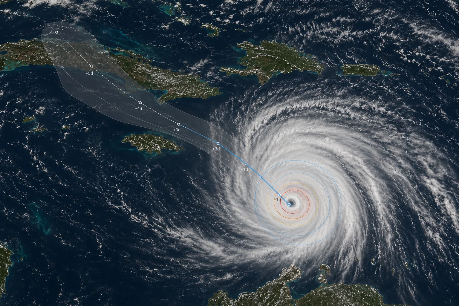 Tropical cyclone seen from space over the Caribbean, with Jamaica near the predicted track and two weather projections showing different levels of uncertainty over track and intensity.