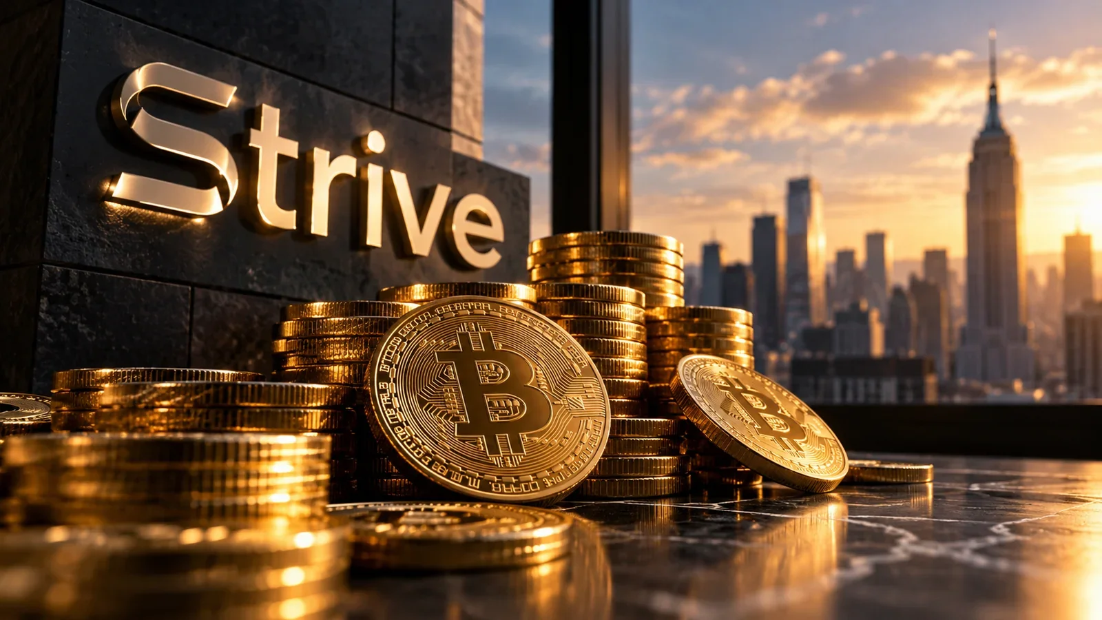 Moedas de Bitcoin empilhadas em primeiro plano, com o nome Strive ao fundo.