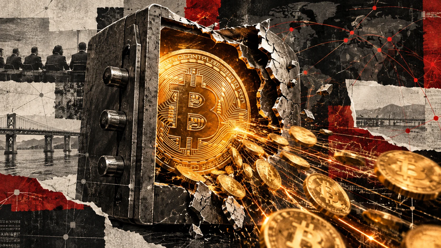 Cofre quebrado com bitcoins sendo retirados, em uma colagem editorial sobre o ataque à Liquid Network.