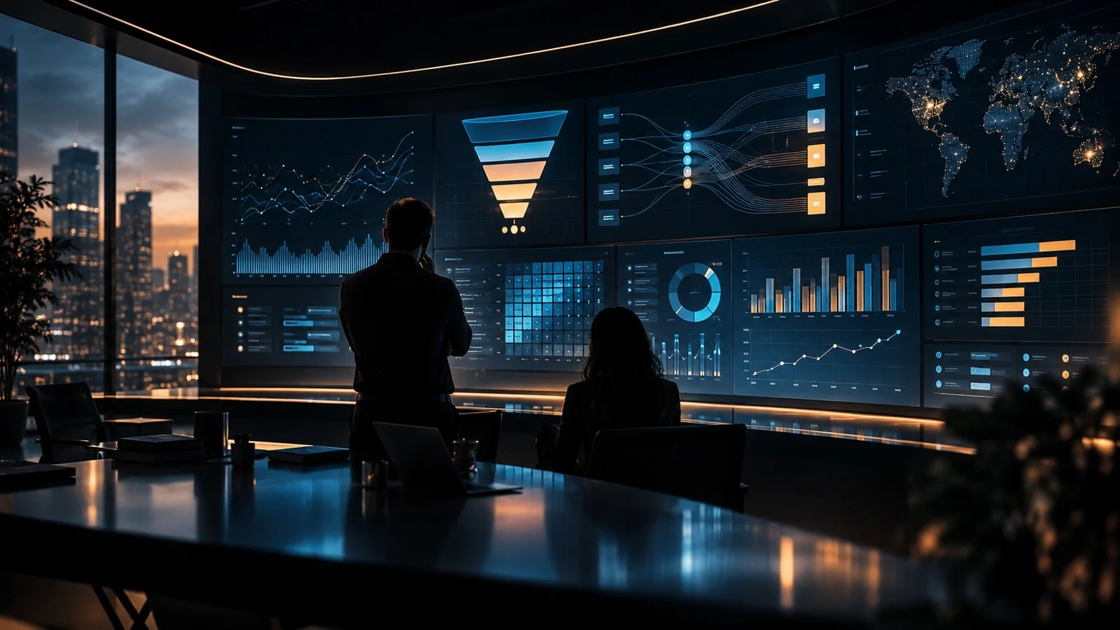 Marketing analysts studying a wall of funnel, cohort, channel and revenue dashboards.