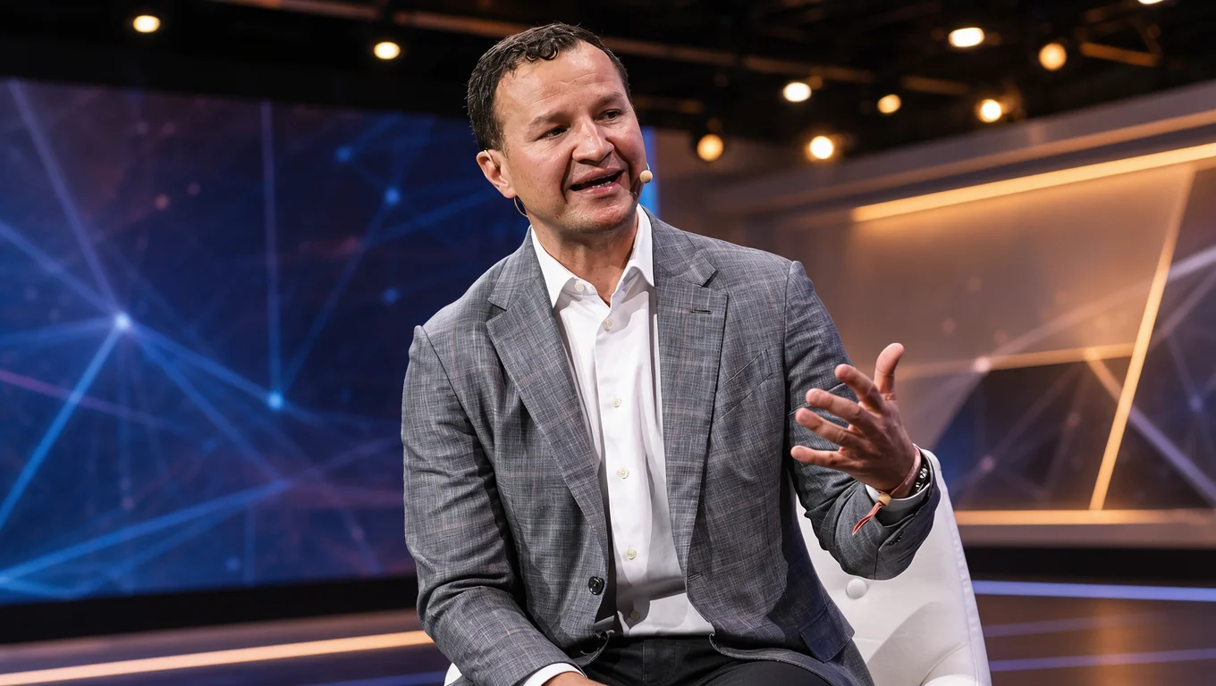 A man in a gray suit sitting on a stage, wearing a headset microphone and gesturing during a presentation, with illuminated digital panels in the background.