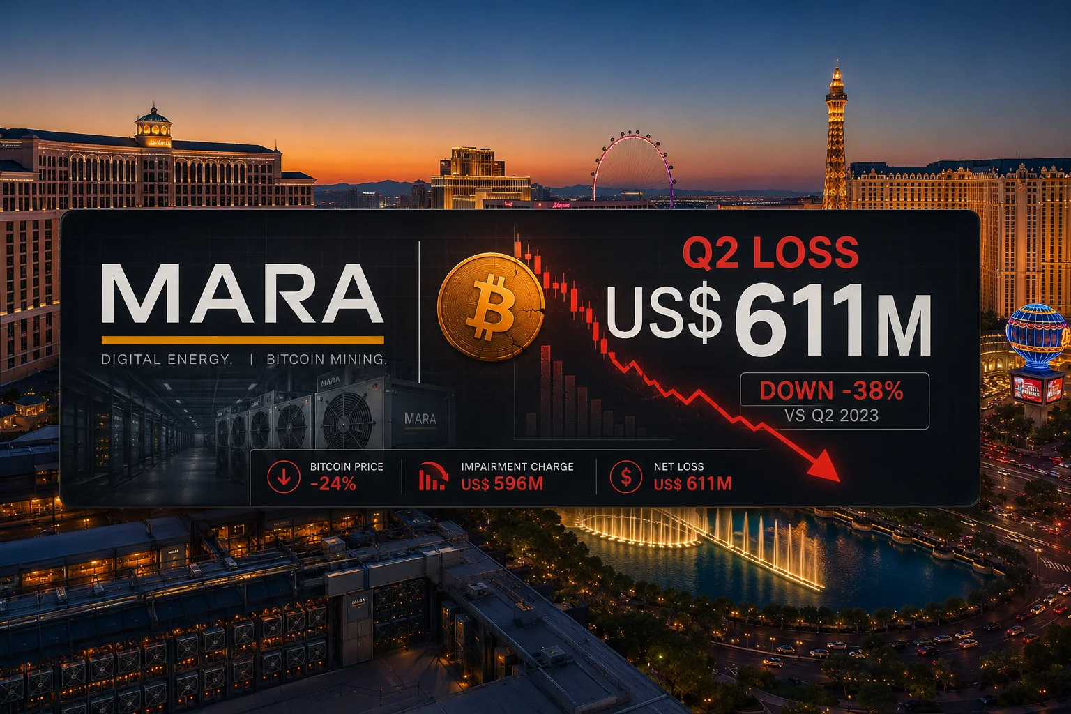 MARA with the bitcoin symbol and a falling chart highlighting a US$ 611 million loss in the second quarter of 2026.
