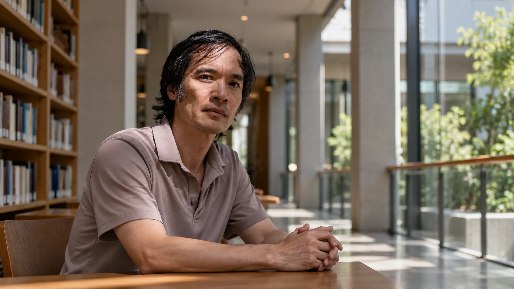 Terence Tao sentado em uma biblioteca moderna, com expressão séria e as mãos apoiadas sobre a mesa.