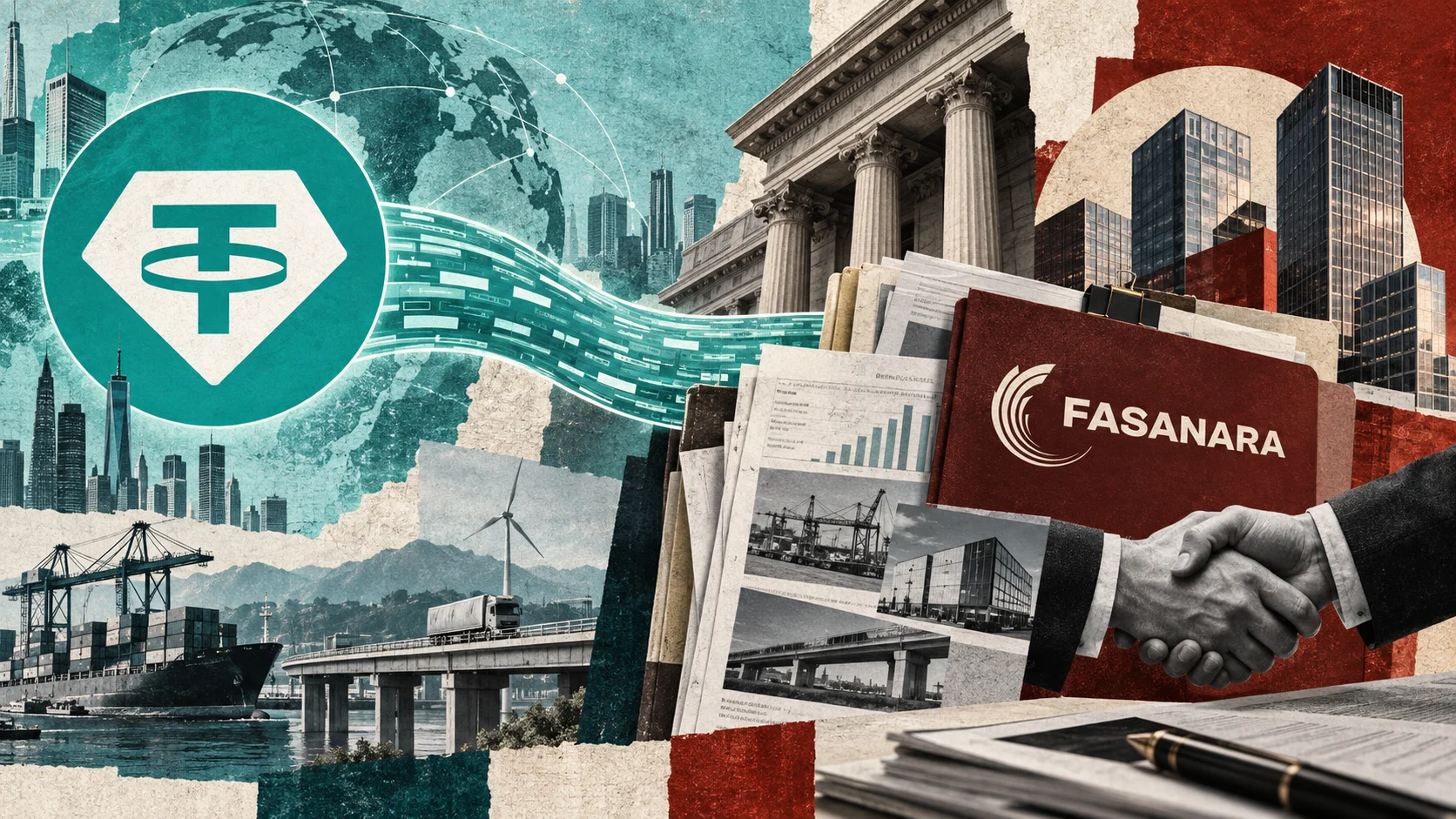 Editorial collage shows the Tether symbol linked to Fasanara Capital, with financial documents, corporate buildings and infrastructure representing USDT's entry into private credit.