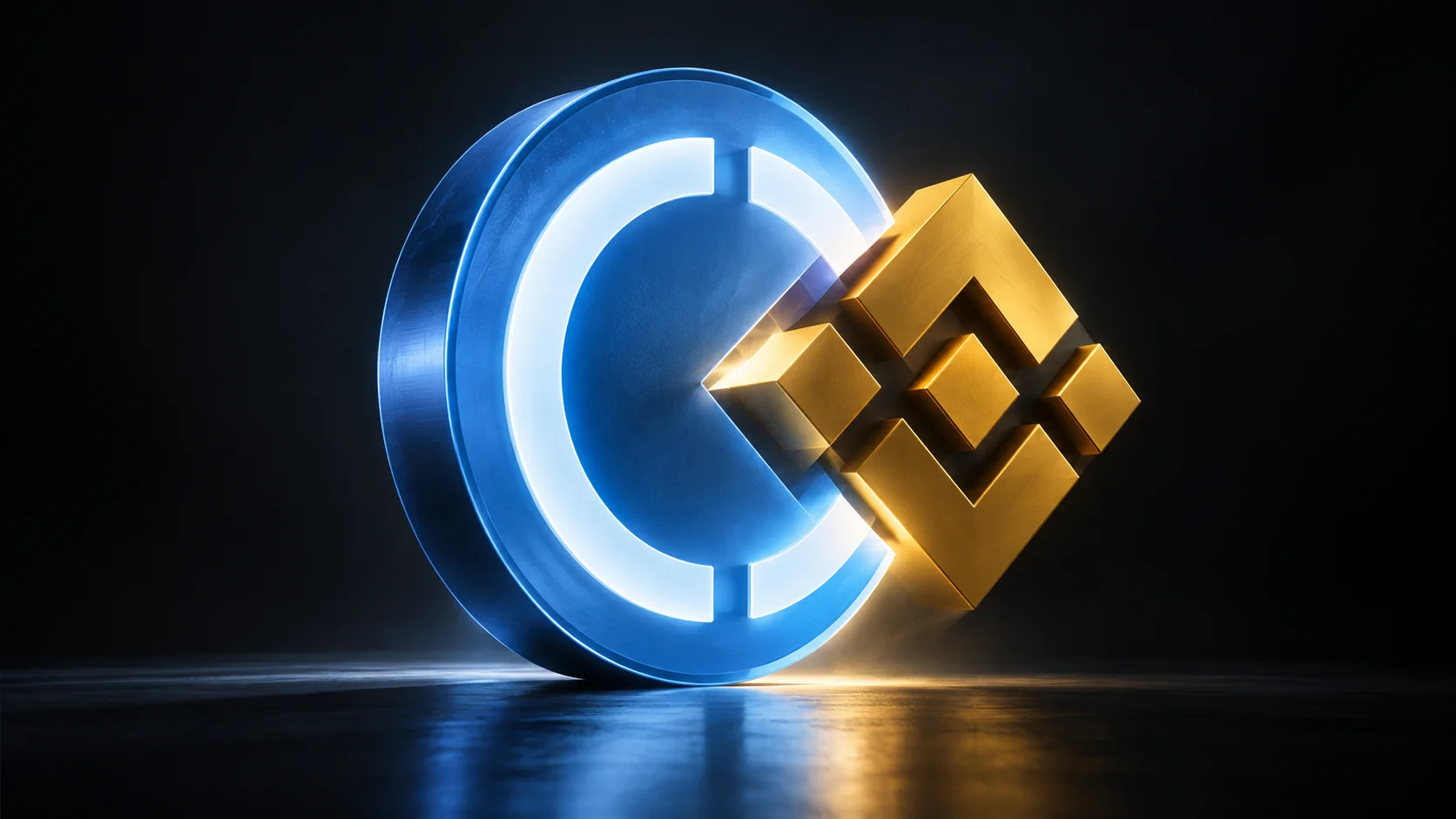 Ilustración 3D minimalista muestra un símbolo azul de Circle integrado al emblema dorado de Binance, simbolizando la nueva alianza estratégica entre las empresas en torno al USDC.