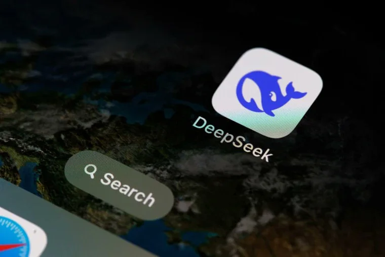 Smartphone screen with the DeepSeek app icon and the search option visible.