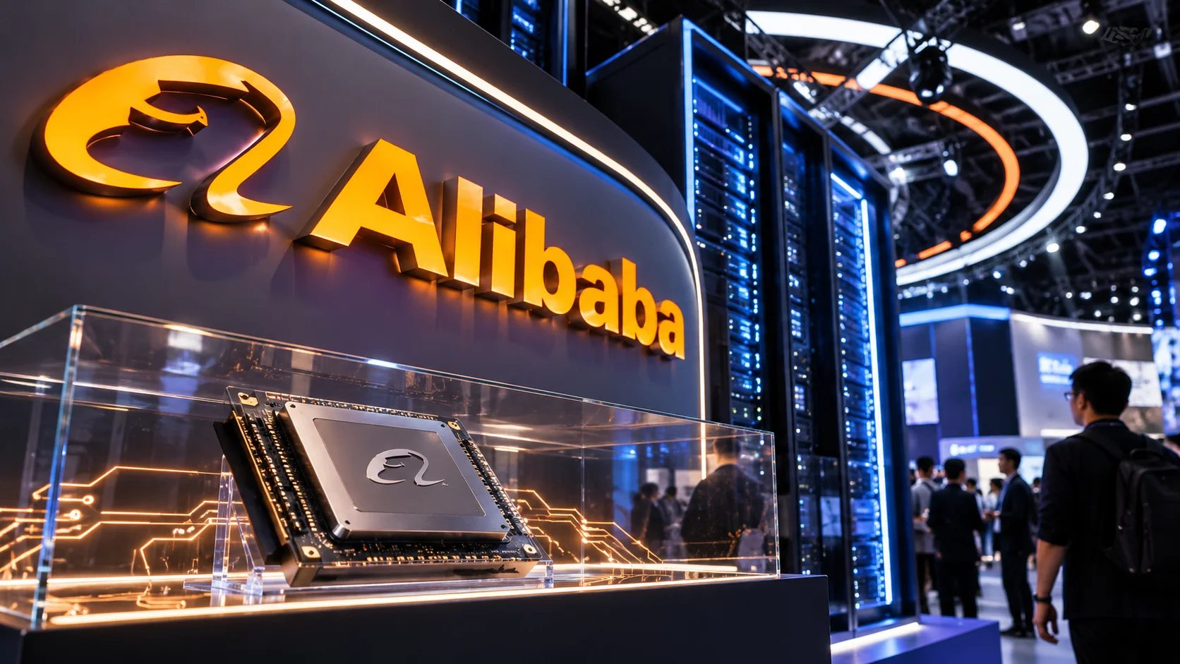 Stand de Alibaba en un evento de tecnología con el logotipo de la empresa y un chip de IA destacado, rodeado de servidores iluminados.