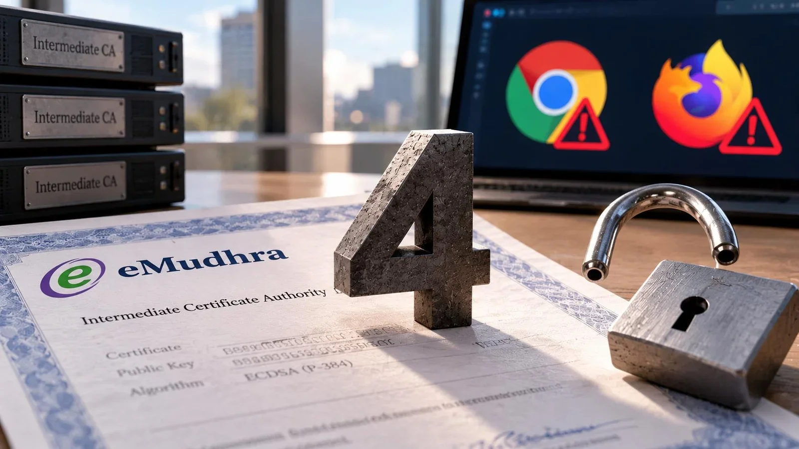 Illustration of an eMudhra digital certificate with the number 4 highlighted, an open padlock and Chrome and Firefox symbols.
