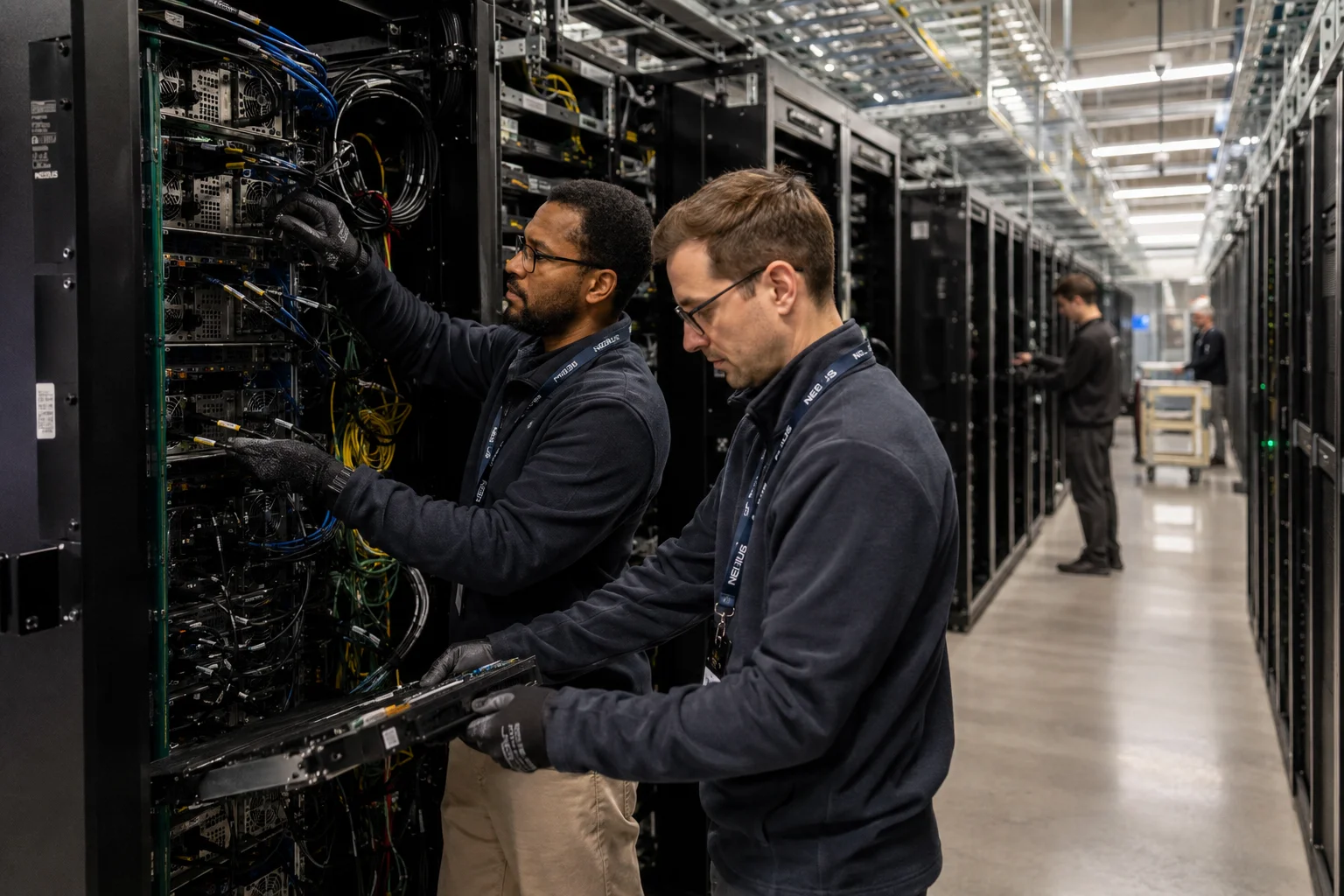 Two technicians inspect connections and components on high-density server racks inside a large Nebius data center.