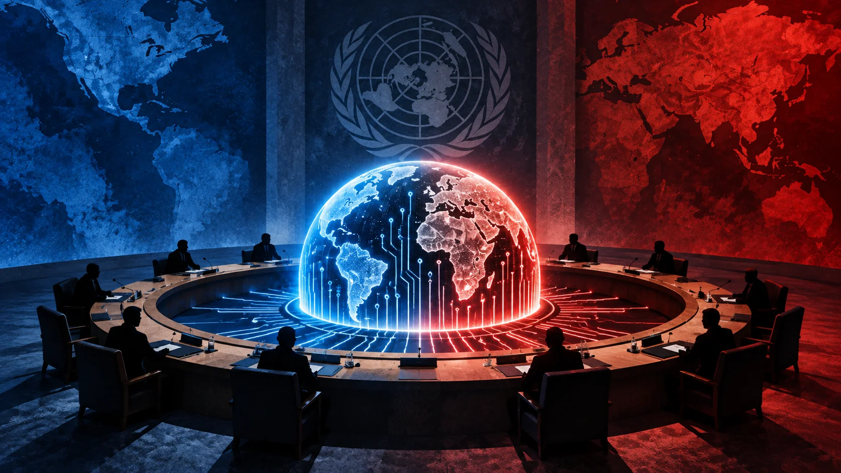 Ilustración conceptual muestra una mesa del Consejo de Seguridad de la ONU alrededor de un globo digital, dividido entre azul y rojo, que simboliza la disputa global por la gobernanza de la IA.