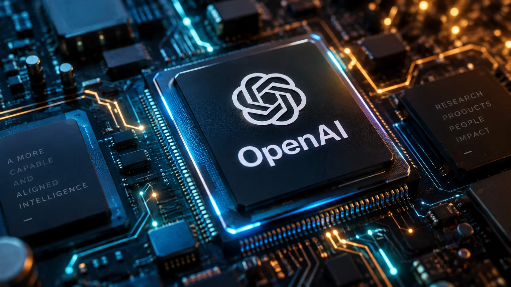 Artificial intelligence chip with the OpenAI logo on a circuit board.