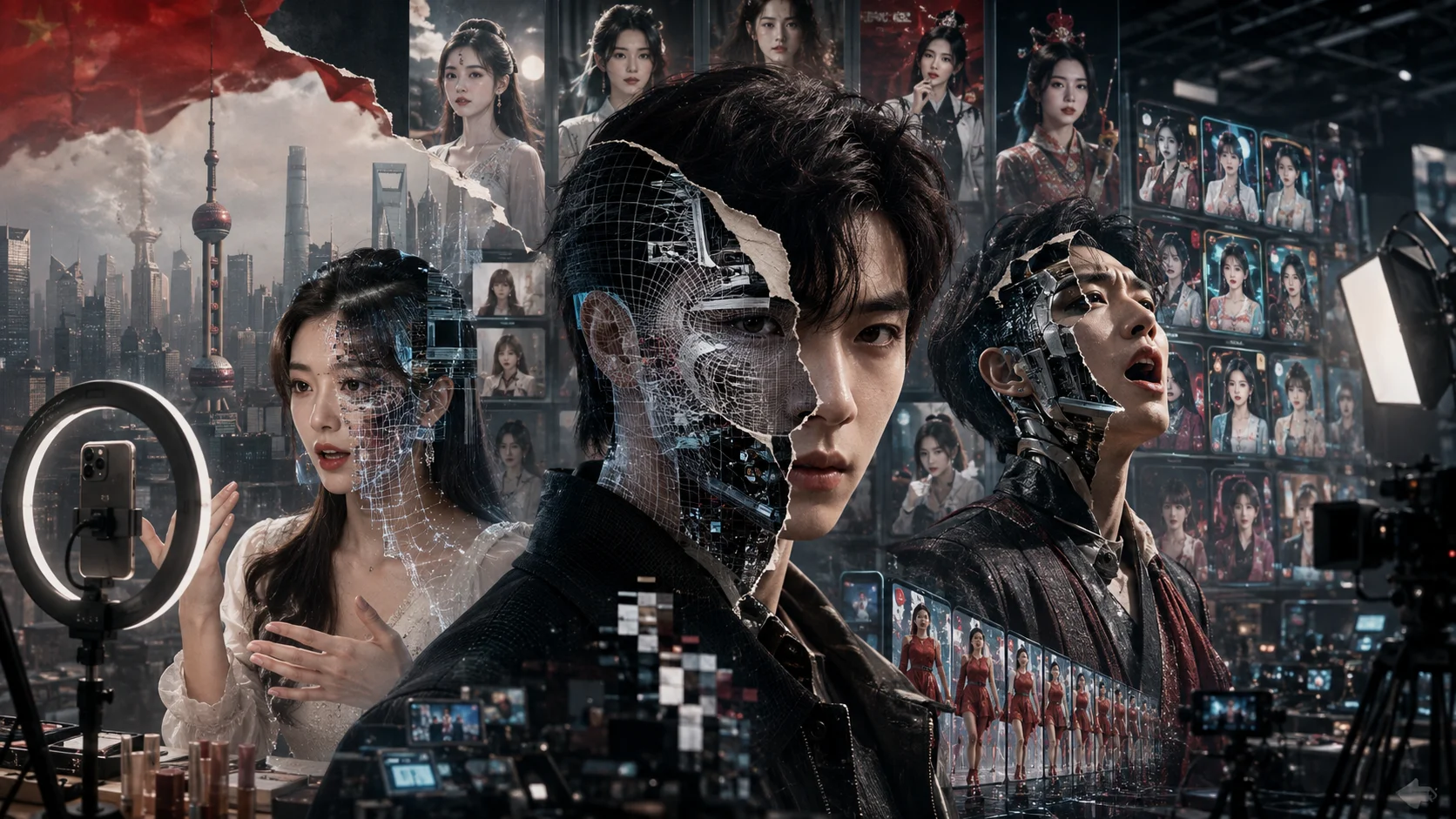 Conceptual composite shows actors and streamers with faces partially revealing AI structures, surrounded by screens, cameras and references to the Chinese entertainment market.