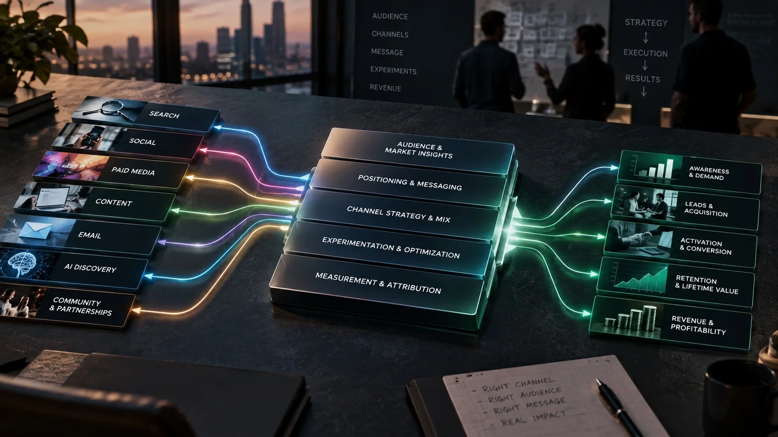 Digital marketing channels converging into a strategy system and measurable business outcomes.