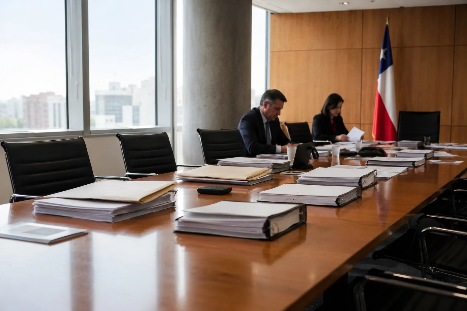 Institutional room in Chile with stacks of documents on a table, few people working, and several empty chairs during a bidding process.